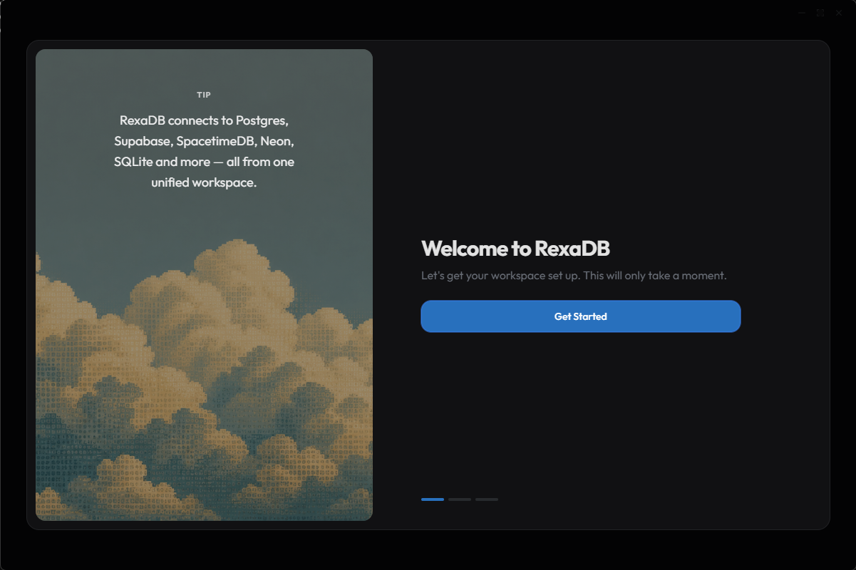 RexaDB desktop welcome screen and connection launcher
