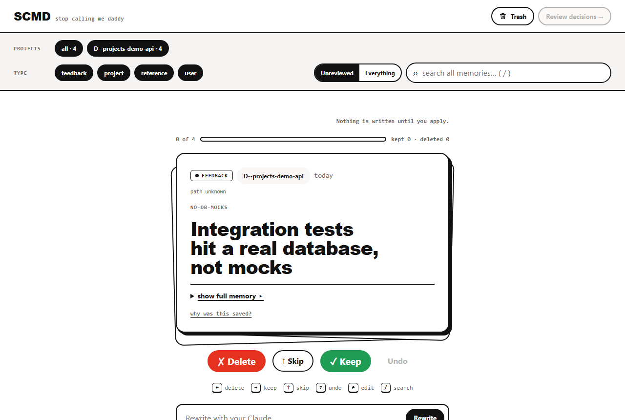 The SCMD review deck on four synthetic memories: a feedback card with Delete, Skip, Keep and Undo buttons, and the line "Nothing is written until you apply."