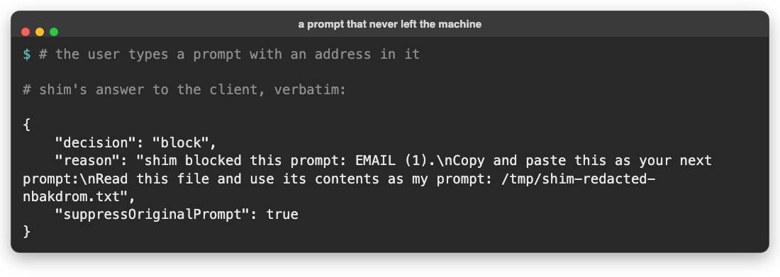 shim-cli blocking a sensitive prompt containing private keys under enforce mode