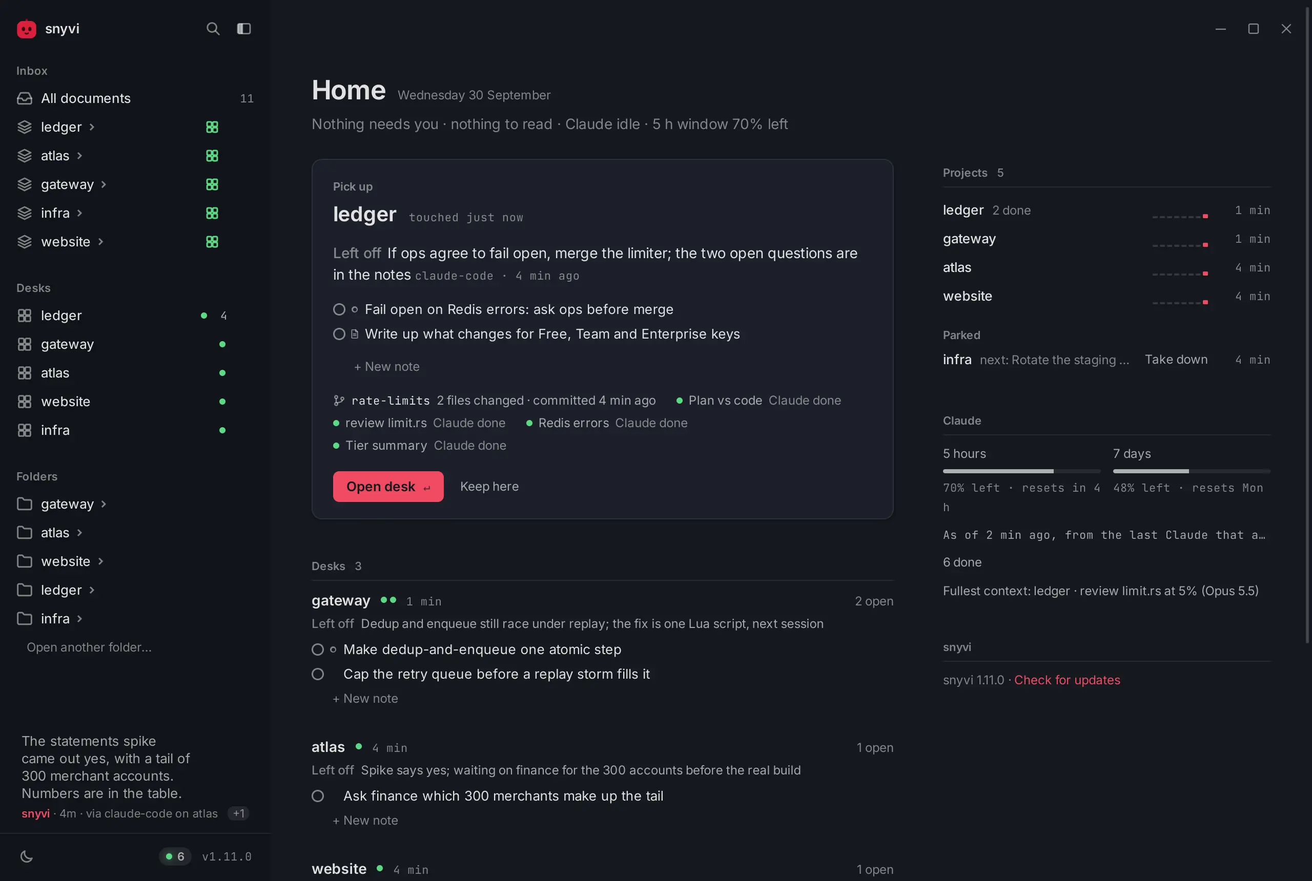 snyvi Home view displaying active projects, git branch statuses, and paired friends