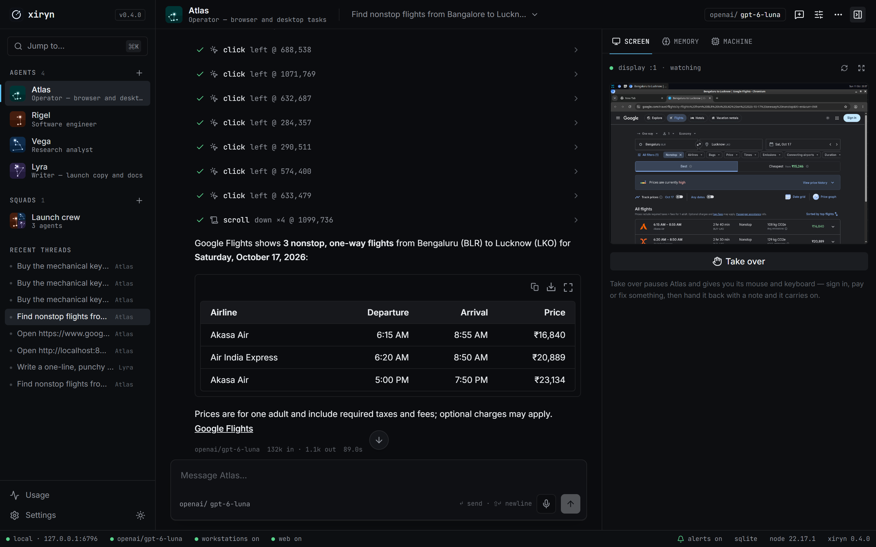 Xiryn workspace showing interactive chat session alongside an agent's sandboxed Chromium desktop