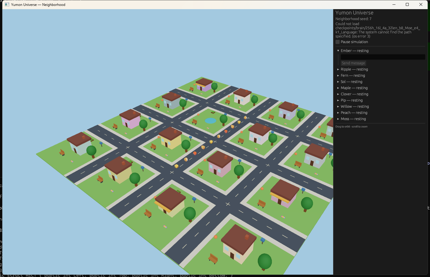 Yumon Universe's suburban neighborhood at seed 7 - green lawns, pitched-roof houses, a pond at the center, trees, benches, and mailboxes arranged in a 4x4 grid of streets, with a sidebar listing ten resting Yumons