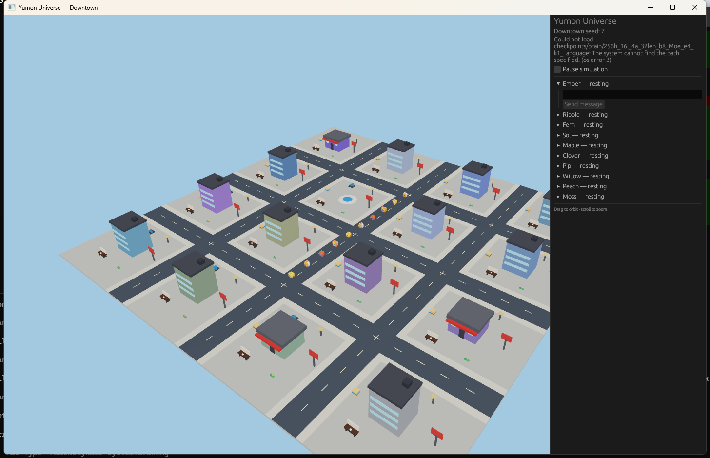 The same seed under --theme urban - the window title reads "Yumon Universe — Downtown," the same 4x4 street grid now holds glass office towers and market stalls with red awnings, a plaza medallion sits where the pond was, and small red notice-board flags and bar-chart shapes replace trees and gardens
